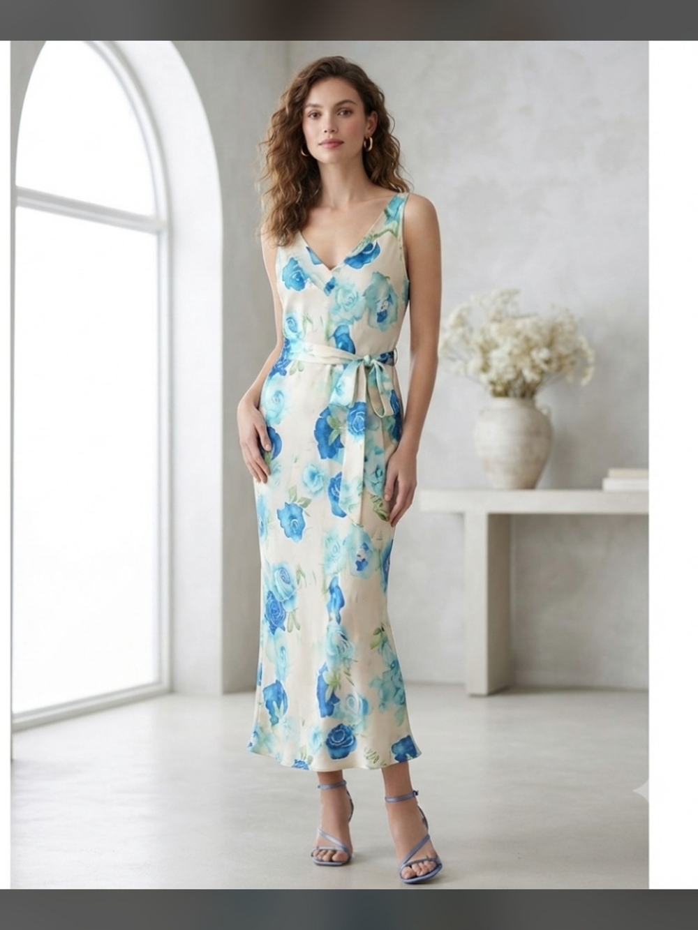 Oscar de la Renta Vintage Pink Label Cream Midi Dress with Blue Floral Roses